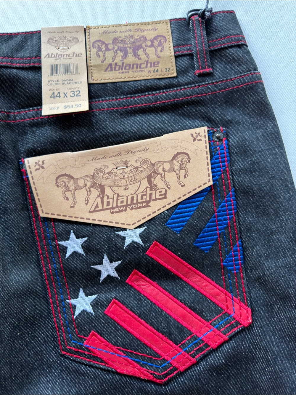 NWT Ablanche Men's Blue Jeans Red Accents Size 42x32 100% Cotton Straight Y2k - Picture 10 of 10